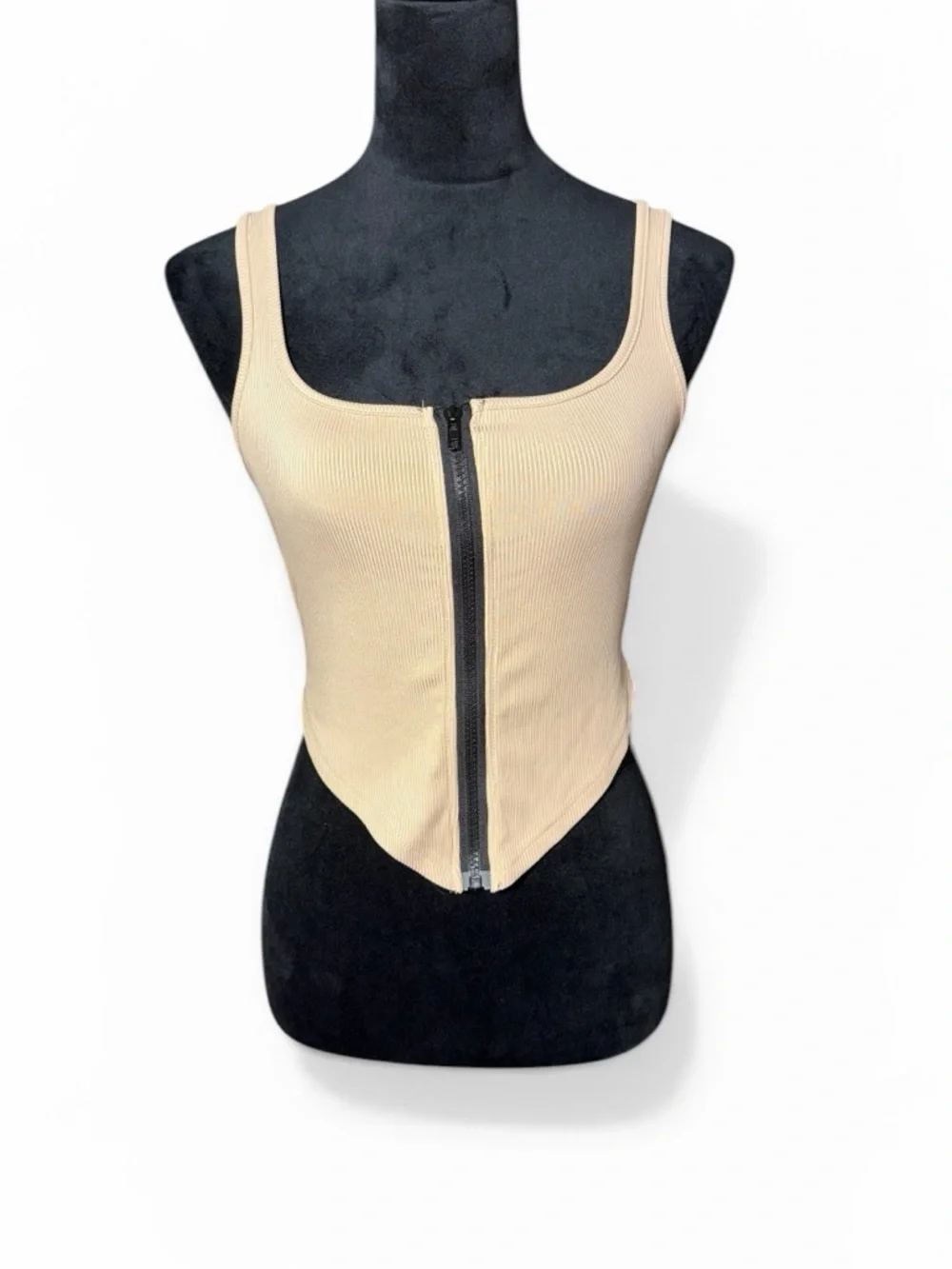 SHEIN Beige Ribbed Zip-Front Pointed-Hem Tank - Picture 1 of 5